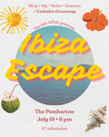 Promotional poster for 'Ibiza Escape' event with beach-themed graphics and text.