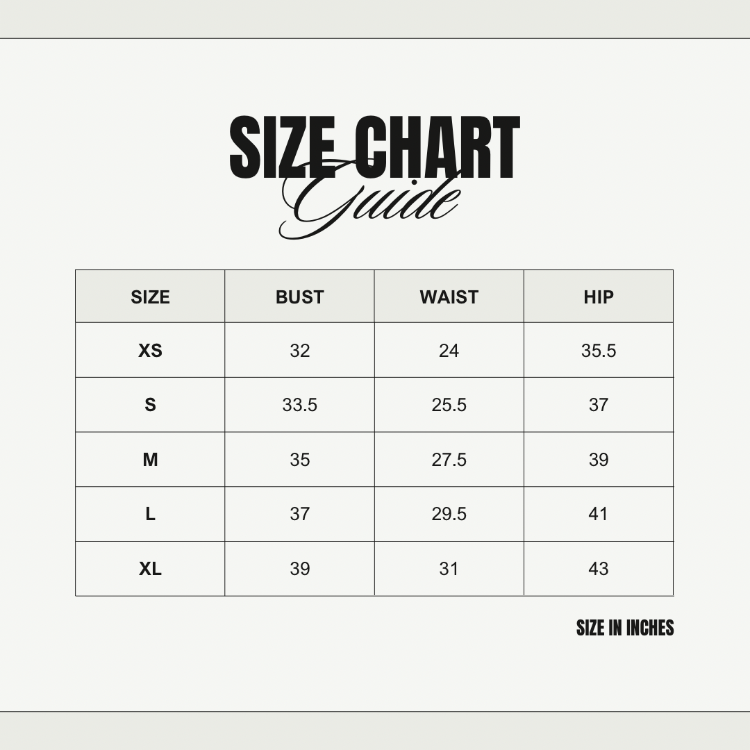 Size chart guide for clothing measurements in inches on a white background