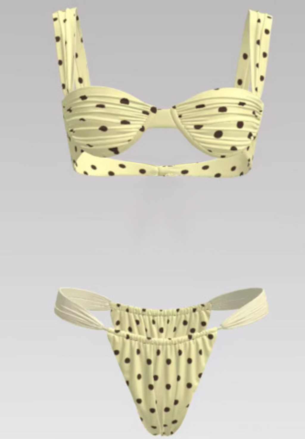 Yellow bikini set with black polka dots on a gray background